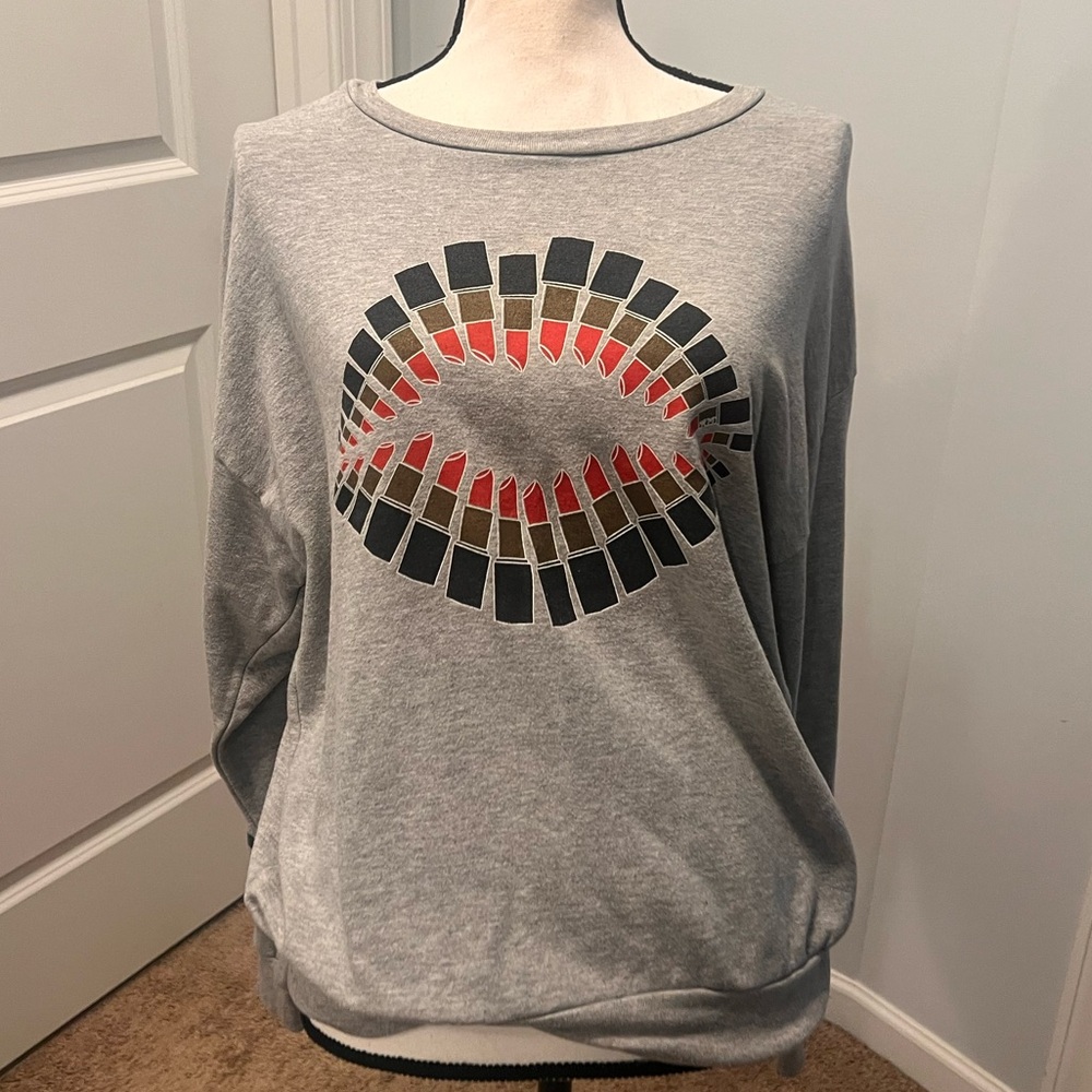 Lauren Moshi Lipstick Graphic Oversized Sweatshirt Gray XS